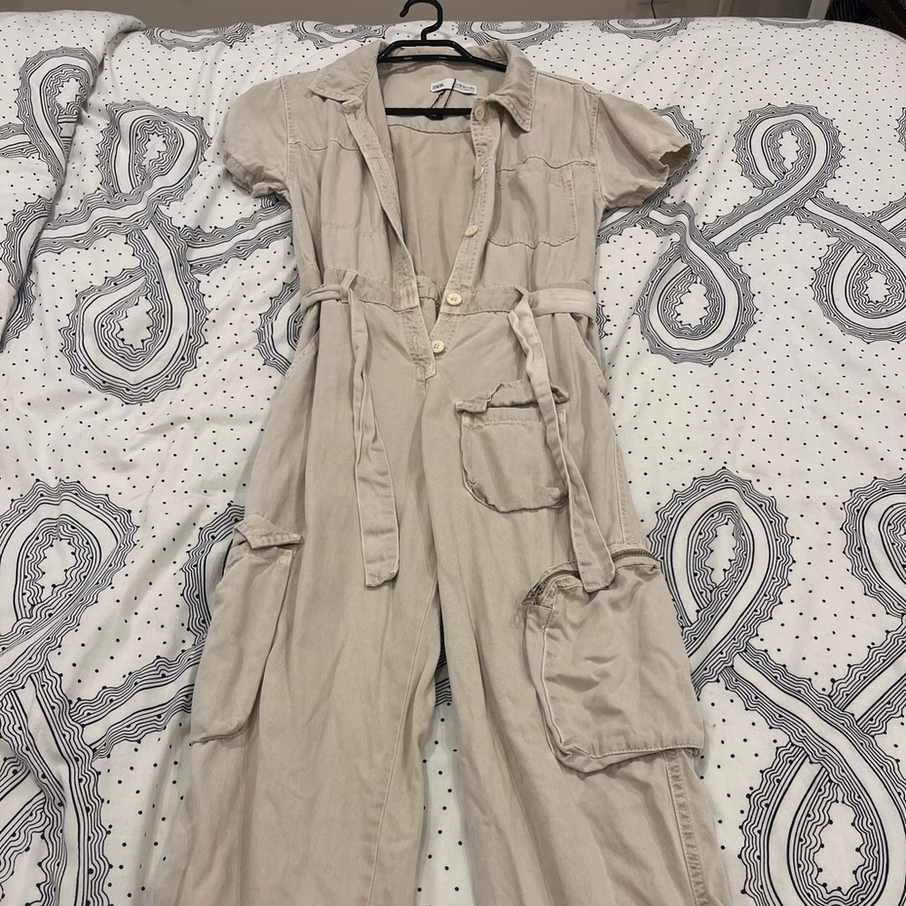 Zara Light Beige Utility Jumpsuit